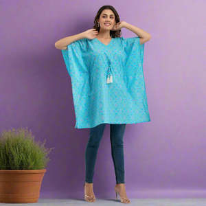 Vestido Kaftan de Algodón con Estampado Bandhani Azul Claro, Elegante, Casual, Hasta la Rodilla, Alta Calidad, ODM, para Usar en el Día, Club o Noche - SHKUP1233 - Product Image 1