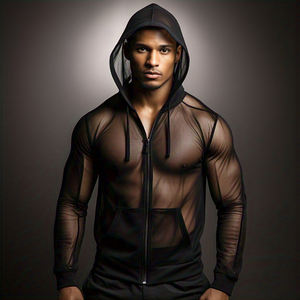 เสื้อมีฮู้ดตาข่ายมีซิปของผู้ชายเสื้อออกกำลังกายแบบลำลองผ้าบางมีฮู้ดผ้าโพลีเอสเตอร์โปร่งแสงเซ็กซี่มีซิปรูดซิปขึ้นสำหรับผู้ชาย100% - Product Image 1