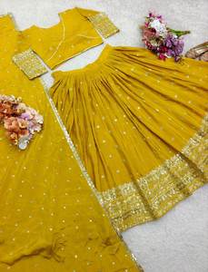 Diseñador puro Cinon-seda bordado pesado nupcial Lehenga Choli Color amarillo para Bollywood para ropa festiva de boda de Hollywood - Product Image 5