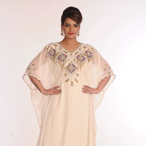 Georgette Cream Embroidered Islamic <b>Kaftans</b> - Product Image 1