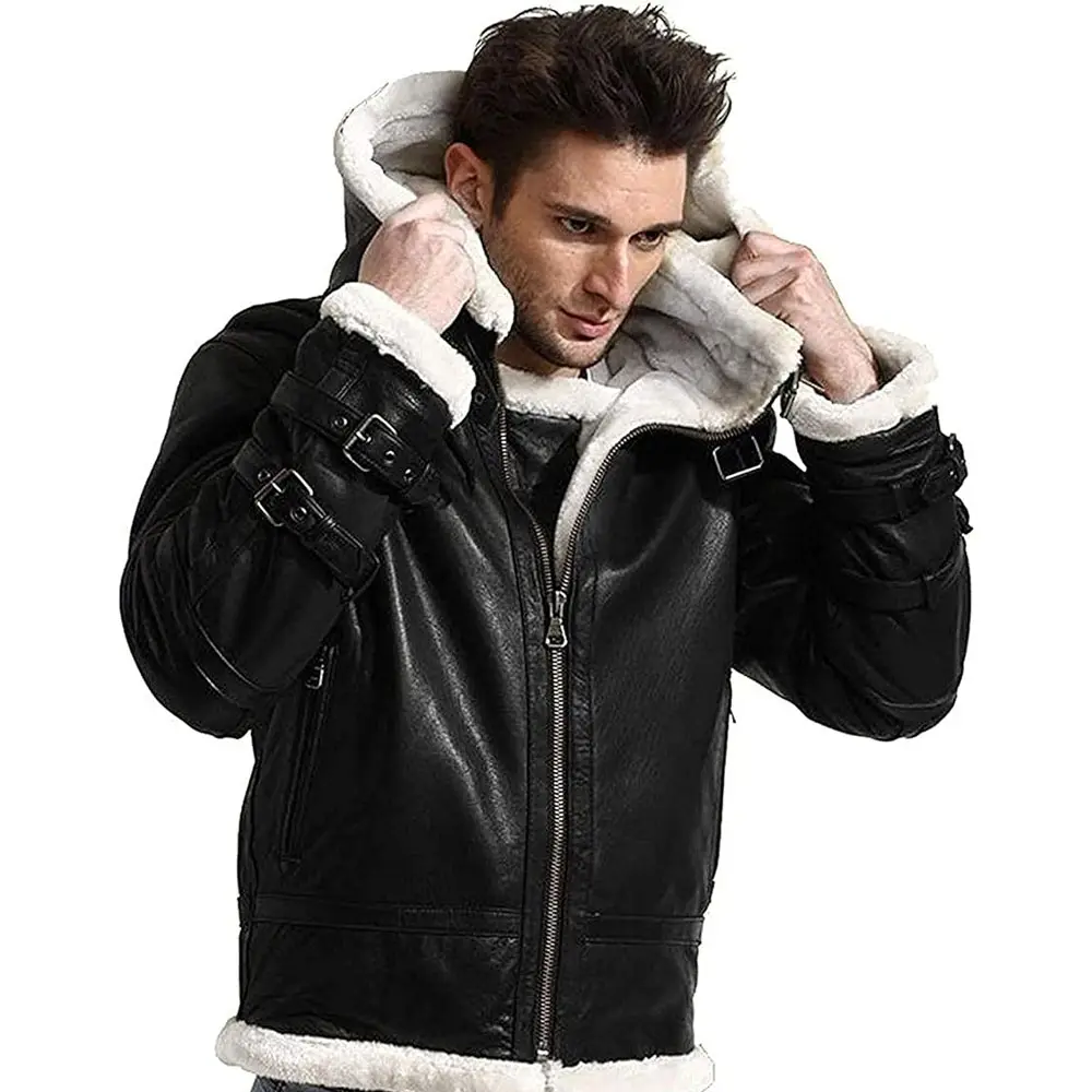 Aviator Men's B3 Bomber Shearling Winter Hooded Leather Jacket Men's Black Fur Hoodie Jacket Shearling Coat 2024