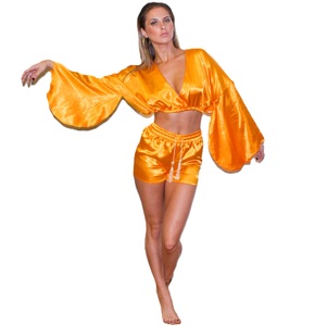 Latest Trend Satin Fabric Crop Top Shorts Set for Ladies and Girls Bright <b>Yellow</b> Co-ord for Summer - Product Image 1