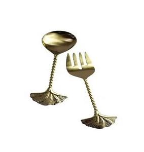 Elegant Indian handcrafted brass salad server set with gold polish <b>used</b> for traditional festive meals and decor - Product Image 1
