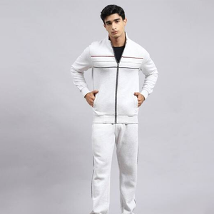 Ensemble chic veste et pantalon blancs zippés 100% coton rayé vintage respirant avec bande élastique pour jogging sportif par Ako - Product Image 3