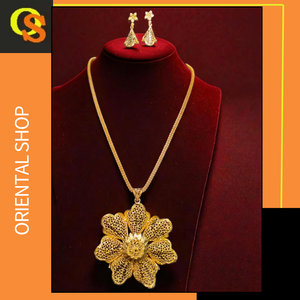 Boucles d'oreilles collier plaqué or 22Ct conçu avec fleur ensemble de boucles d'oreilles collier de qualité supérieure pour les femmes portent des bijoux - Product Image 2