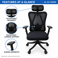 Chaise de bureau en maille noire avec accoudoirs coulissants, soutien lombaire réglable et base incurvée pour bureaux à domicile et postes de travail