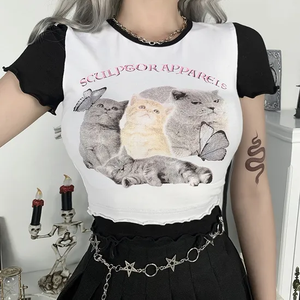T-shirt personnalisé à manches courtes été Vintage graphique T-shirt femmes Premium coton mince haut court O cou T-shirt - Product Image 3