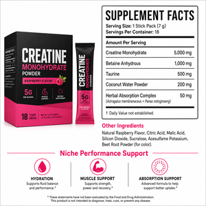Creatina Micronizada en Polvo 5000mg Creatina + 1000mg Betaína + 500mg Taurina, Sabor Frambuesa, 18 Porciones, Envase en Barra - Product Image 6