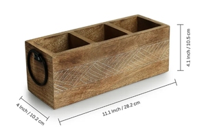 Porte-couverts et papeterie ondulés 3 cloisons en bois de manguier gravé à la main porte-ustensiles en bois porte-couverts de comptoir - Product Image 6