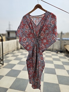 Block Print 100% Cotton Eco-Friendly Natural Waist Women's Boho <b>Kaftan</b> Dress Summer <b>Beach</b> Wear Nightwear - Product Image 3