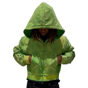 Sudadera Corta con Cremallera y Diseño Cuadrado, Estilo Urbano, Lavado Ácido, Desgastada, con Pedrería, para Hombre, Fabricación Personalizada - Product Image 3