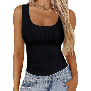 Channel 9 couleurs doux extensible femmes basique Cami t-shirts sans manches encolure dégagée tricot côtelé ajusté débardeurs - Product Image 5