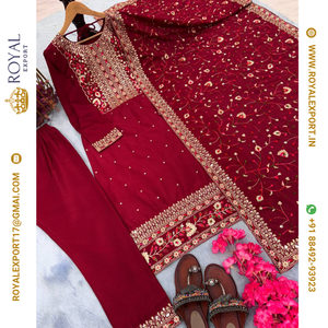 Lancement de la nouvelle collection de vêtements de soirée de créateur Look Pure Chinon Silk Top Bottom et Dupatta Set - Product Image 6