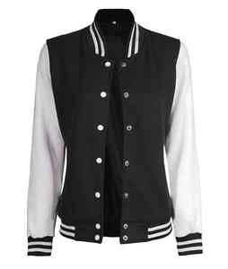 Vente en gros Prix bon marché Vêtements décontractés vierges couleur noire Cou côtelé Rayures Baseball Collage Plus Size Varsity Jackets - Product Image 5