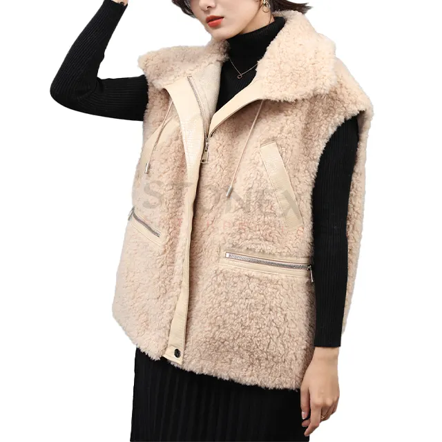 Vera lana di agnelli con pelle artificiale Design unico gilet invernale in pelliccia sintetica da donna