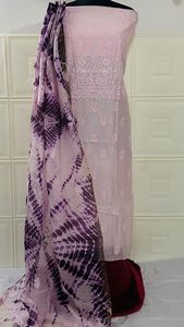 ชุดเดรสลำลองผ้าไหมแท้ยาวถึงเข่าเสื้อเชิ้ตลำลองทำด้วยมือ lucknowi Chikan เย็บปักถักร้อยดีไซน์ย้อมสีทึบ - Product Image 2