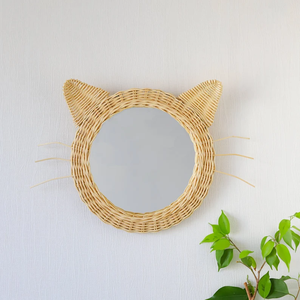 <b>Small</b> Cat Rattan <b>Mirror</b> Hanging <b>Wall</b> Decor - Handmade Animal <b>Wall</b> <b>Mirror</b> for Kids Room & Nursery - Product Image 1