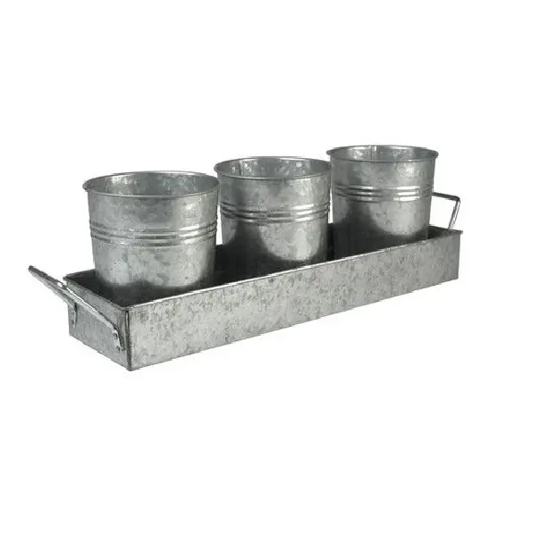 Plantadores de metal galvanizados com bandeja para jardins ao ar livre Plantadores de aço galvanizados redondos com alças de drenagem