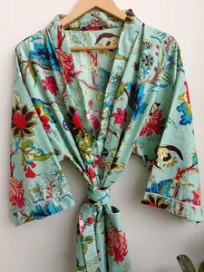 Export Quality 100% Cotton Green Kimono Robe Handmade Floor-Length <b>Night</b> Gown Ruffles Natural Sleepwear Best Bulk Casual <b>Dresses</b> - Product Image 2