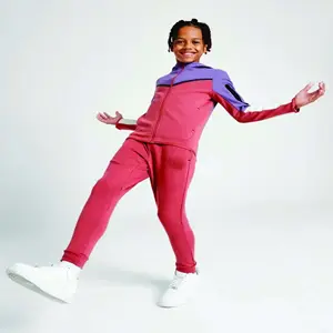Custom Brand Logo 69% Cotton 31% Polyester Purple Boys Tech Fleece Tracksuit Full Zip Hoodie Joggers Sweatpants Sweatsuit