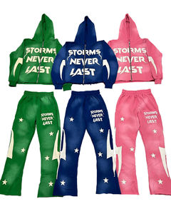 High Quality 100% Cotton Men's Oversized Acid Wash Zip-up Hoodie Sweat Pants Set Streetwear Patchwork Winter Heavyweight Hooded - Product Image 1