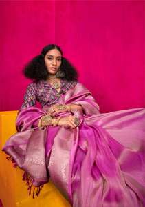 Saree de seda Banarasi suave de calidad superior para mujer Plata pura Zari Heavy Pallu Zari Borde tejido para fiestas - Product Image 3