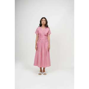 Womens Pink Short Sleeve Floor-Length V Neck Wrap Style Summer <b>Dress</b> Solid Color Casual <b>Loose</b> Natural Washable - Product Image 1