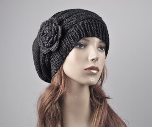 Women's Winter Wool Beret Hat Hand Knit Oversized <b>Bonnet</b> with Crochet Flower Charcoal/Dark Grey for Outdoor/Casual Wear - Product Image 2