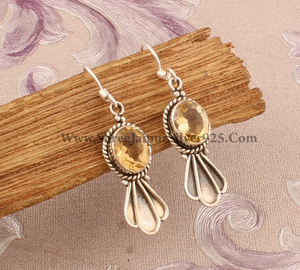 Pendientes de aro de plata antigua de diseñador hechos a mano sólidos de piedras preciosas ovaladas de citrino Natural de Plata de Ley 925 para boda - Product Image 3