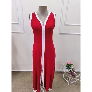 Jane's Women's Strappy Deep V-Neck Long <b>Viscose</b> <b>Dress</b> with Slit Detail 35555-Red - Product Image 3