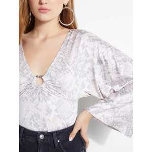 For Guess Women's Jazzi <b>Bodysuit</b> Gray Medium Size Square Neck Short Sleeve Winter Summer Print Skinny Tummy <b>Control</b> Spring Solid - Product Image 2