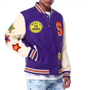 2025 OEM personnalisé chenille plat broderie Patch manches en cuir violet Letterman Bomber Varsity Jacket - Product Image 1