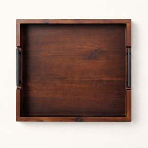 Plateau de rangement en bois massif de qualité supérieure avec poignées latérales en métal noir robustes, cadre profond pour cuisine, salle à manger, table basse, décoration intérieure - Product Image 1