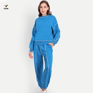 Venta al por mayor 2025 personalizado 100% algodón sudadera Joggers conjunto de las mujeres impresas rayas cuello redondo sudaderas pantalones de chándal trajes de chándal - Product Image 2