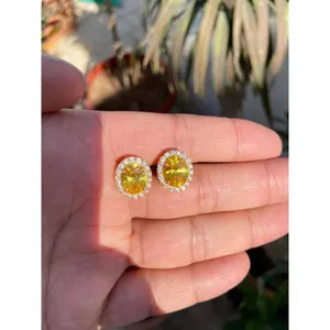 925 Silver Oval Sapphire <b>Stud</b> <b>Earrings</b> with Princess Cut Emerald Diamond Rose Gold Bezel Setting Trendy Gold Plated Design - Product Image 3