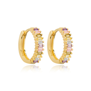 17 mm Mix Stone Colorful Baguette <b>Hoop</b> Shape <b>Earrings</b> Wholesale Women 925 <b>Sterling</b> <b>Silver</b> Jewelry - Product Image 1