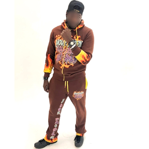 Conjunto de chándal personalizado para hombre, Sudadera con capucha con parche bordado desgastado serigrafiado con pantalones de chándal Acampanados para invierno - Product Image 4