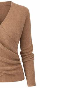 Women Camel Brown Wrap Style Knit Sweater <b>Long</b> <b>Sleeve</b> <b>V</b> <b>Neck</b> Soft Casual Winter <b>Top</b> Elegant Ladies Fashion Pullover Daily Wear - Product Image 4