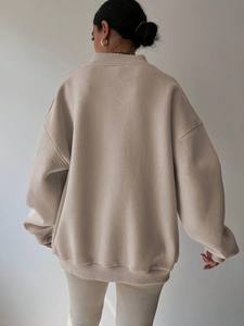 Beige Oversized <b>V</b> <b>Neck</b> <b>Sweatshirt</b> Unisex Cotton Fleece Pullover Long Sleeve Loose Fit Ribbed Cuffs Casual Winter Streetwear - Product Image 2