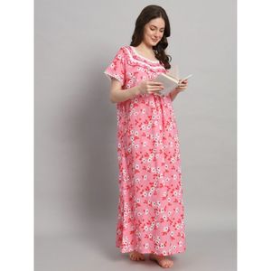 Camisón de Encaje 100% Algodón para Mujer, Manga Media, Largo Completo, Tela Transpirable, Cuello con Estampado Floral, Elegante, Primavera/Otoño/Verano - Product Image 1