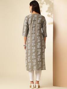 Mujer estampado floral cuello redondo puro algodón recto Kurta indio Pakistán kameez - Product Image 4