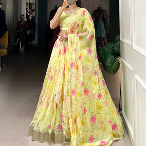 Elegante diseñador de Bollywood para mujer, Ropa Étnica, venta al por mayor, estampado Floral, Georgette pesado, Lehenga Choli, conjunto surtido de colores Pastel - Product Image 1