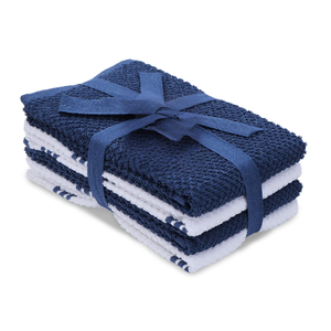 Ensemble de torchons de cuisine rayés bleus et blancs en tissu éponge 100% coton certifié GOTS pour une cuisine éclatante, rectangulaires, lavables en machine - Product Image 1