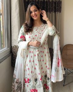 New Style Anarkali Set <b>Indian</b> Traditional Designer Cotton Multi Color Sanganeri Printed Anarkali <b>Kurta</b> With Pant and Dupatta - Product Image 3