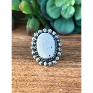 Betta Lee <b>Adjustable</b> <b>Ring</b> White Buffalo & Sterling Silver Bezel Set Rose Gold Plated Oval Cut Diamond Size 8 Gift - Product Image 1