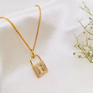 <b>Padlock</b> 14K <b>Gold</b> Lab Grown Diamond Pendant <b>Necklace</b> Charm 0.19 Ct Dainty <b>Gold</b> <b>Necklace</b> for Gift - Product Image 1