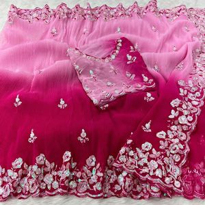 ลําดับการสวมใส่ปาร์ตี้ด้วยการบด Georgette แบบนุ่มนวลและการเย็บปักถักร้อยแฟนซี C-pallu ลําดับและด้าย Zari งานส่าหรี - Product Image 5