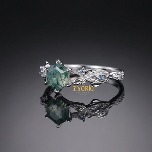 Anillo de compromiso hexagonal de ágata musgosa en oro de 14K, anillo con diseño de hoja de vid inspirado en la naturaleza - Product Image 2