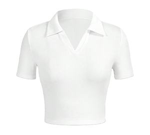 Camiseta de Punto para Mujer, Cuello en V, Manga Corta, Verano, Hombros Descubiertos, Cintura Alta, Ajustada, Largo Regular, Lisa, Informal, Estilo Spice Girl - Product Image 2