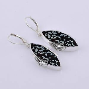 Cadeau de fiançailles tendance unisexe, flocon de neige en obsidienne, boucles d'oreilles pendantes en argent sterling 925 massif, cadeau de mariage, bijoux - Product Image 4